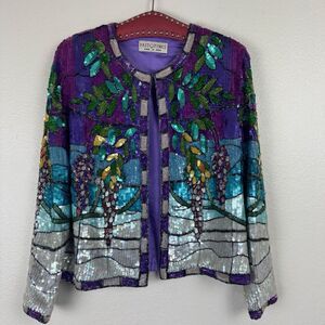 Vintage Past Times Silk Wisteria Sequin Jacket Tiffany Stained Glass Multi Small